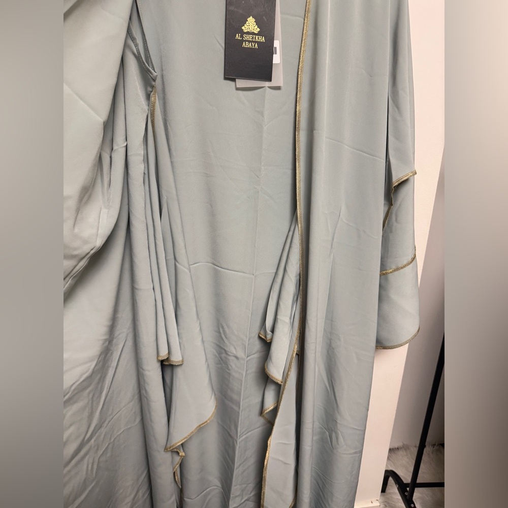 3 Piece set with shawl Light Sage Long Sleeve Maxi Dress with Waist Tie - Picture 6 of 8